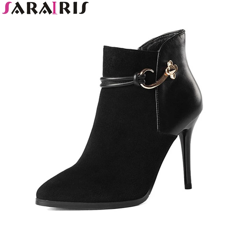 

SARAIRIS 2018 Spring Autumn Elegant Cow Leather & Kid Suede Ankle Boots Sexy Addiable Fur High Thin Heel Women Shoes