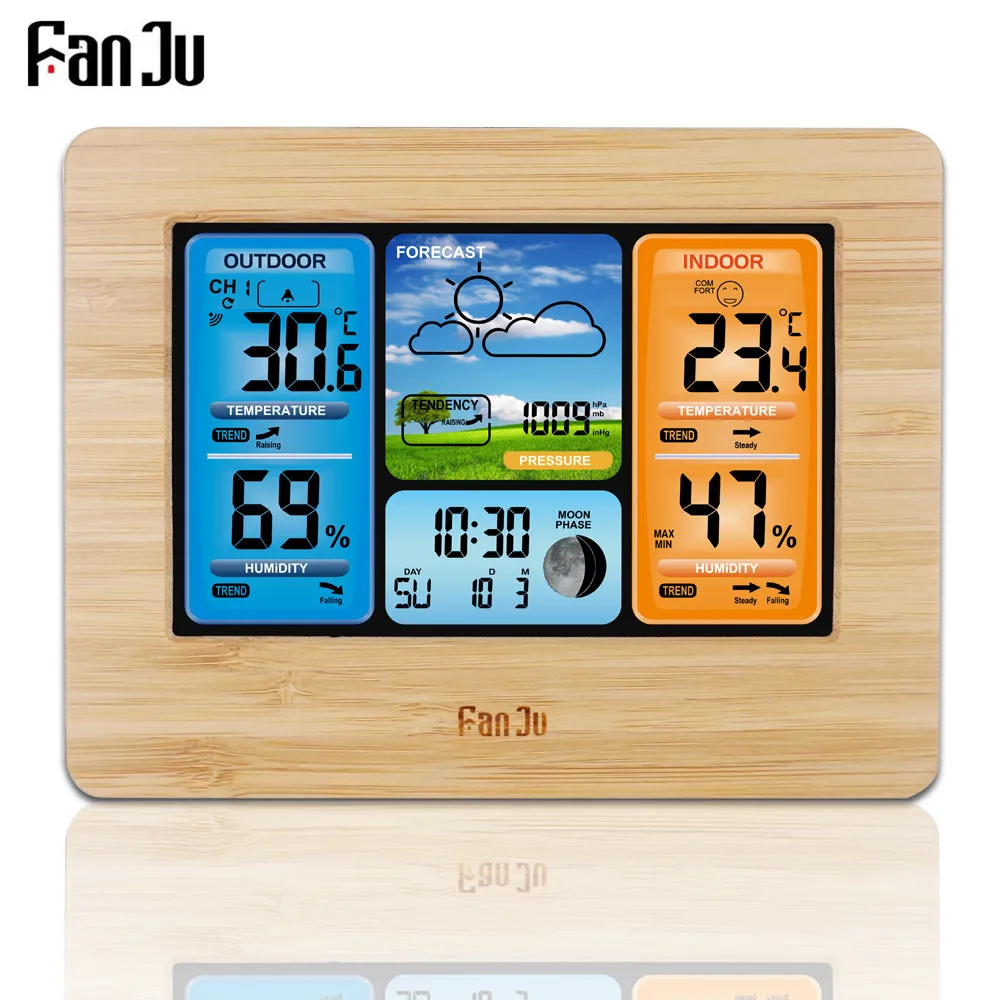 

Fashion FanJu FJ3373W Digital Backlight Alarm Clock Rectangular Plastic Weather Station Clock with Temperature Humidity #3