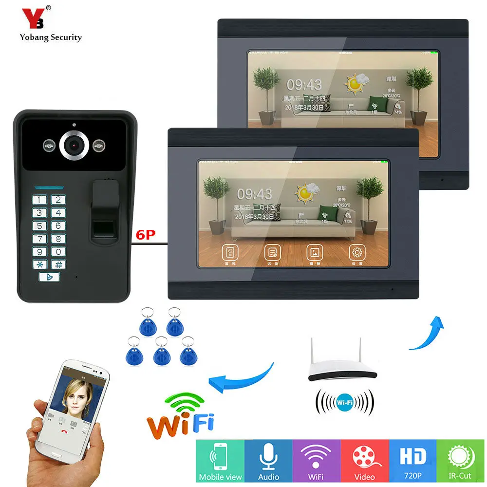 Yobang Security 2*7\ Fingerprint RFID Password Wired /Wireless Wifi Video Doorbell Intercom System Release Unlock for Privat