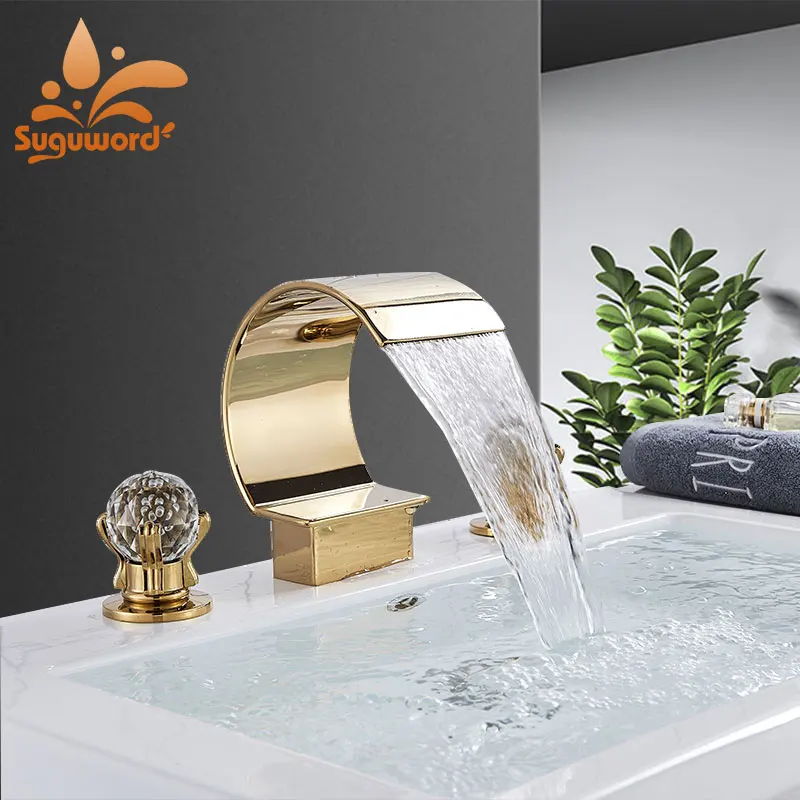 

Suguword Basin Sink Faucet Dual Handle Three Holes Deck Mounted Hot and Cold Water Golden/ ORB/Brushed/Chrome Crystal handle