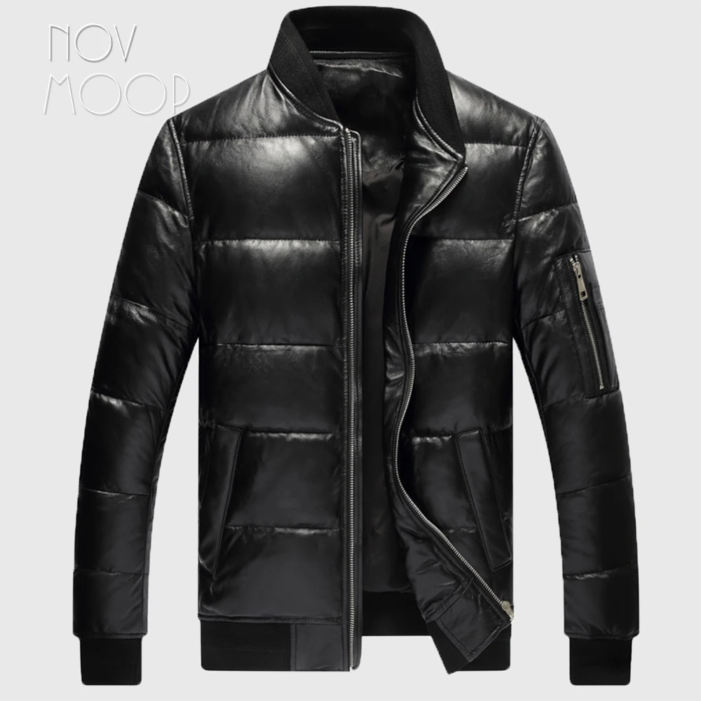 Men Winter Warm Black Genuine Leather Real Lambskin Duck Down Bomber ...