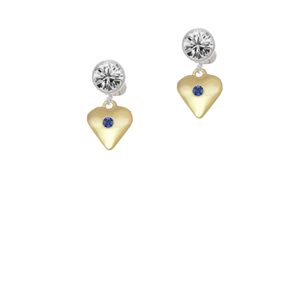 Large September - Blue Crystal Gold Tone Heart Crystal Clip On Earrings (1)