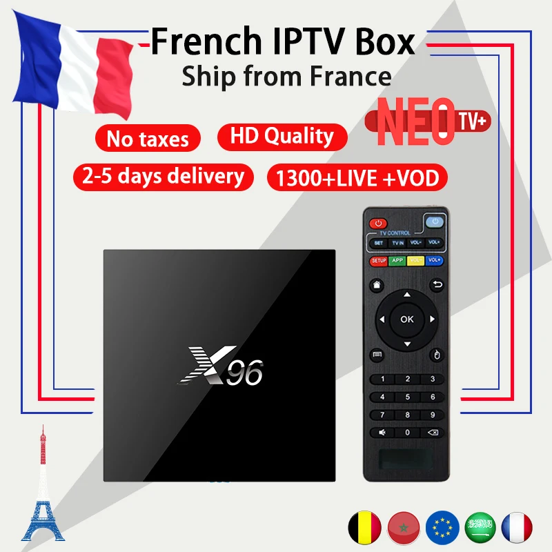 

Best Arabic French IPTV box Benelux NEO+ IPTV code 1200+ LiveTV with X96 Android Box 6.0 4K Amlogic Smart TV Box set top box