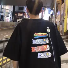 Большие размеры над размер d женщины/Мужчины Японский Забавный письмо народная рыба графический принт свободная футболка корейский Harajuku футболка Топ