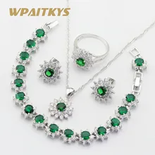 Зеленые камни Белый CZ серебряный цвет Ювелирные наборы для женщин цветок форма серьги браслет кольца ожерелье кулон подарочная коробка