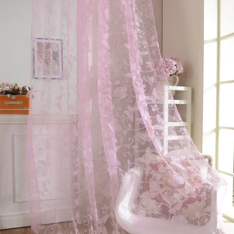 

Curtains Butterfly Flocked Door Drape Panel Scarf Sheer Voile Yarn Window Curtains For The Living Room