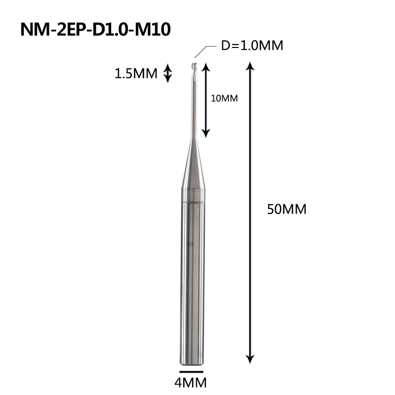 NM-2EP Вольфрамовая сталь 2 Флейта квадратная длинная шея с покрытием Концевая фреза Фрезерный резак режущие инструменты для меди и алюминиевого сплава - Длина режущей кромки: NM-2EP-D1.0-M10