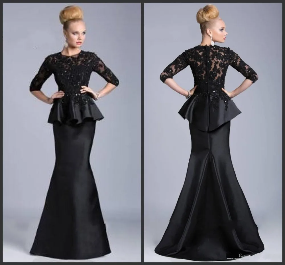 Черный платье с юбкой, 2 предмета Мать невесты платья, аппликации из кружева 3/4 рукава тафта Vestido длинное платье Вечеринка платье