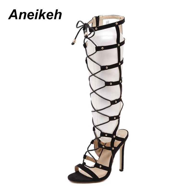 Aneikeh/пикантные женские босоножки на молнии с вырезами; Новое поступление года; модная обувь из флока; женские летние туфли-лодочки на высоком каблуке со шнуровкой; Sandalia