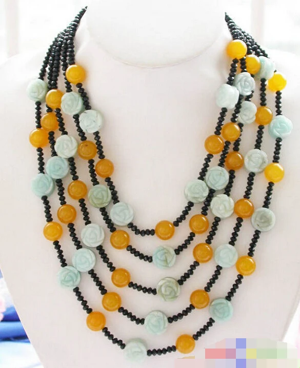 

1690 Carving Amazon stone flower yellow jade black crystal NECKLACE