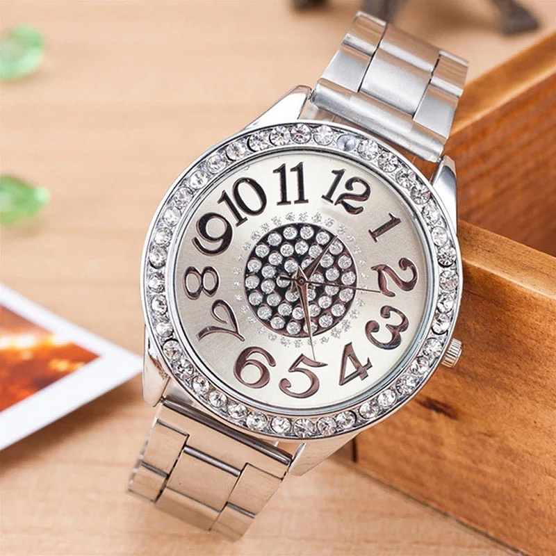 Модные женские кварцевые наручные часы из нержавеющей стали, стразы, круглый циферблат, браслет, часы LXH