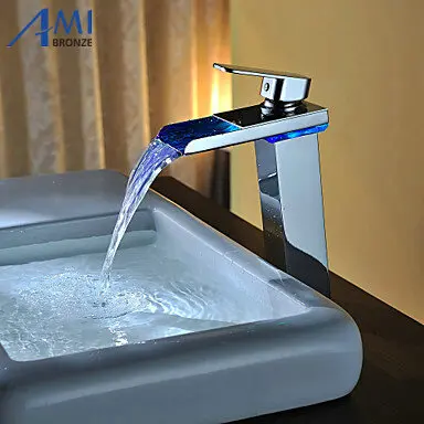

Higher Battery RGB LED light Bathroom Basin Sink Mixer Tap Brass Waterfall Faucet