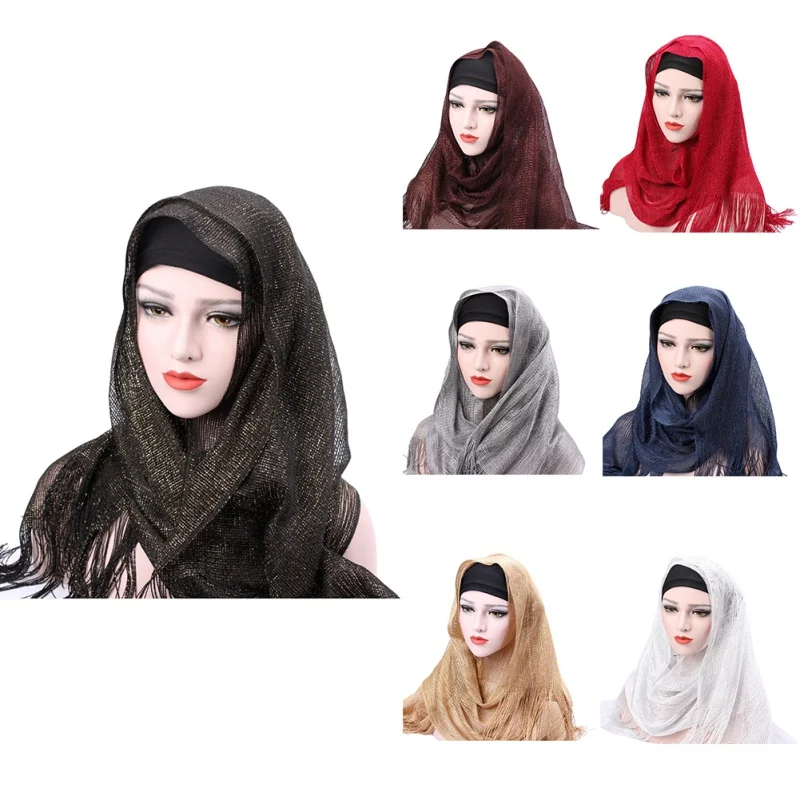 Мусульманский хиджаб моды кисточкой платок тюрбан Для женщин Головные уборы золотой нитью Hoofddoek шарфы 100*50 см T6