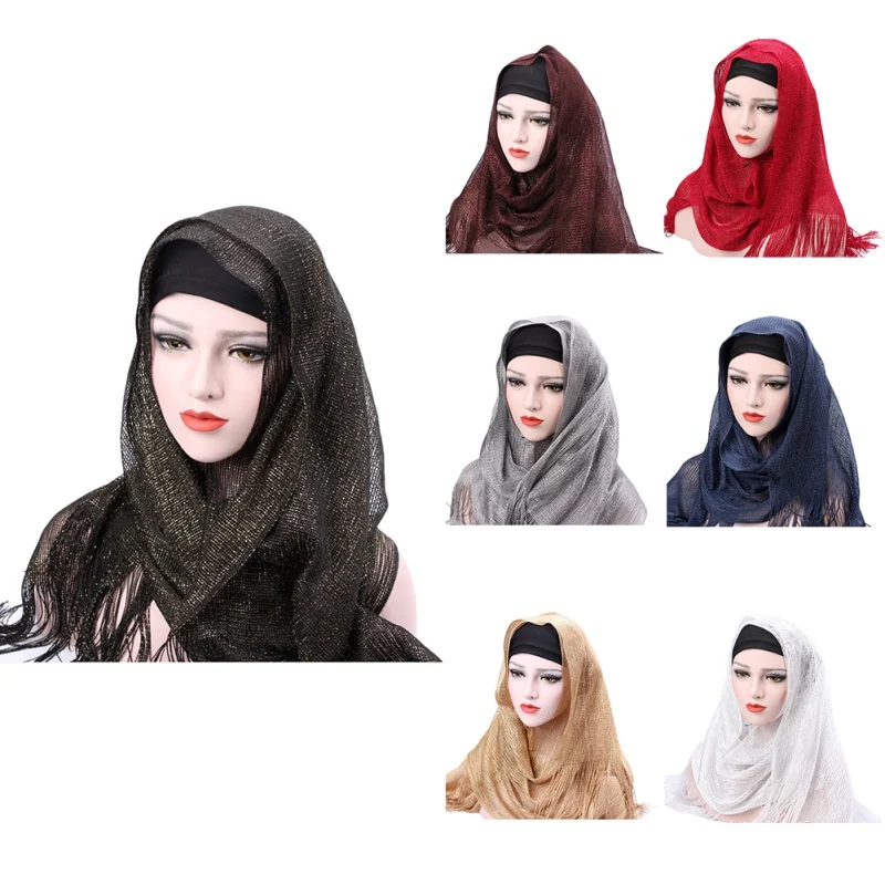 Muslim Hijab Fashion Tassel Headscarf Turban Women Head Coverings Gold