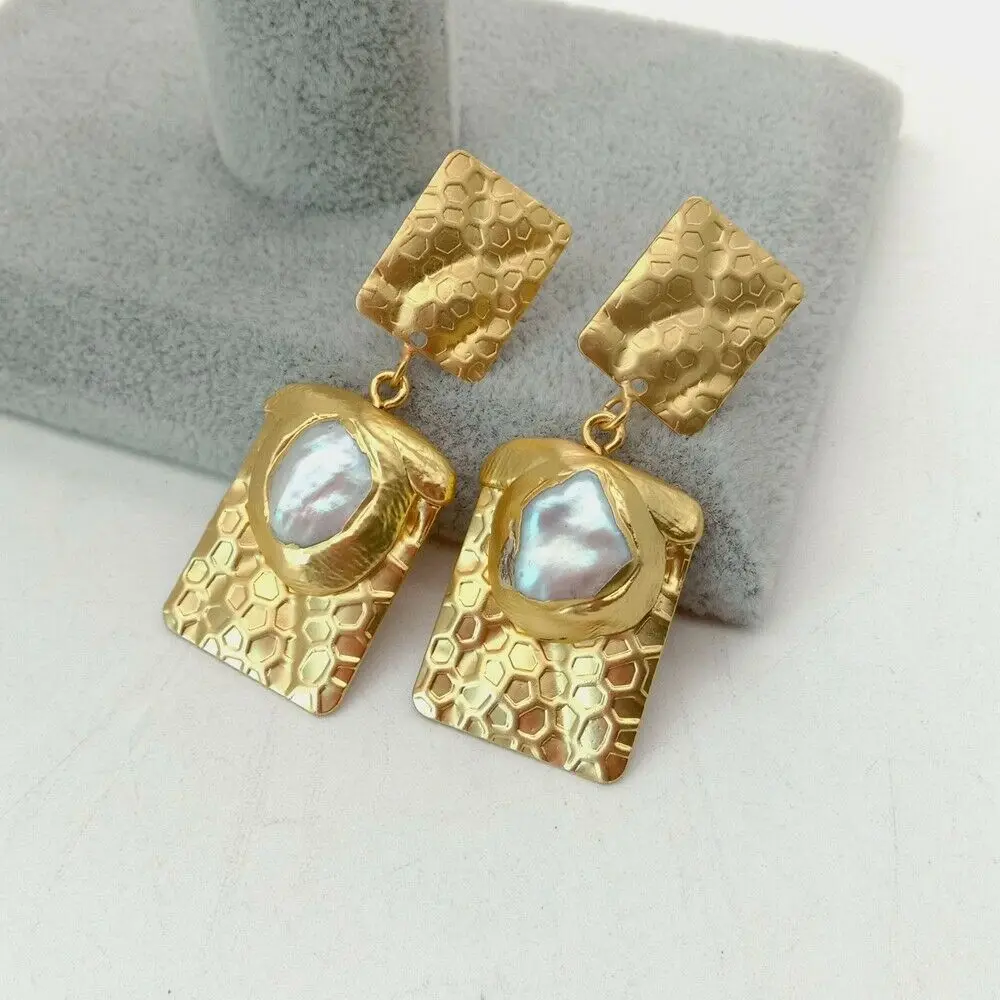 

White Keshi Pearl Golden Plated Rectangle Earrings