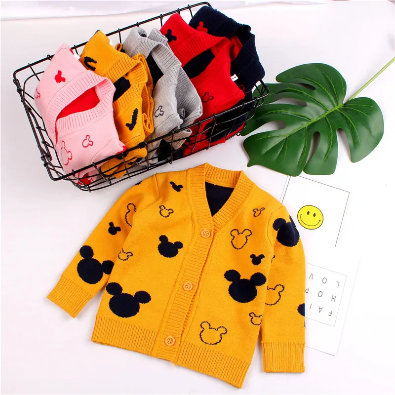 Mickey Cotton Baby Boy Sweater V Neck Cardigan for Infant Kids Girls Soft Comfortable Crochet Knitting Warm Outfit Autumn Winter