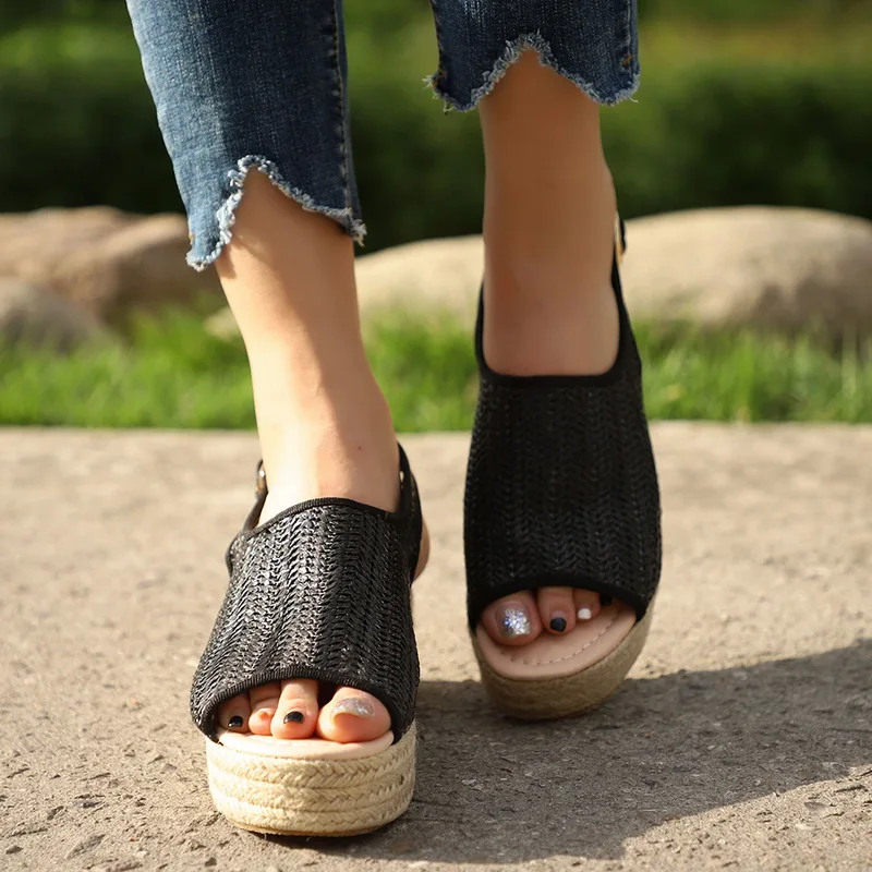 LASPERAL; летние женские пеньковые сандалии; модная женская пляжная обувь; обувь на танкетке; удобная обувь на платформе; большой размер 43