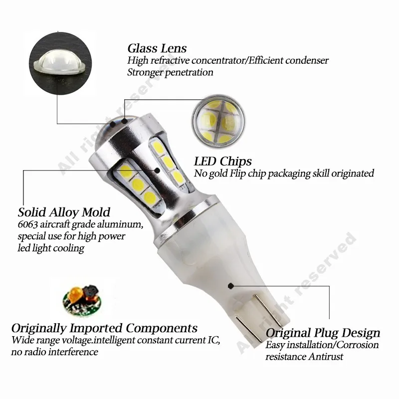 10 шт. T15 светодиодные лампы Canbus OBC без ошибок внутренний излучатель 921 912 W16W автомобильная лампа внешний автоматический светильник 18-SMD 3030 6000K белый