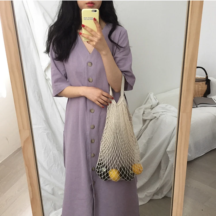 

Vintage Long Women Summer Dress Elegant Short Sleeve Single Beasted Loose Dress Woman Cotton Plus Size Vestidos Robe Femme