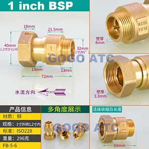 Высокое качество DN15/DN20/DN25 1/2 3/4 1 дюймовый латунный в линии пружинный вертикальный обратный клапан для счетчика воды Женский Мужской односторонний клапан - Цвет: FB-5-6