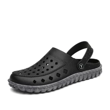 Мужские сандалии; коллекция года; мужские пляжные летние сандалии на деревянной подошве с дырками; Шлепанцы из ПВХ; легкая дышащая повседневная мужская обувь для сада