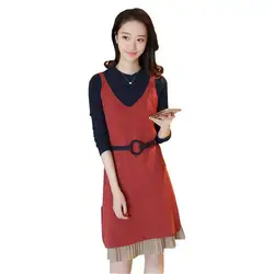 Демисезонный Для женщин 2018 корейский стиль пояса Вязание жилет из двух частей комплекты свободное платье с длинным рукавом Свободные
