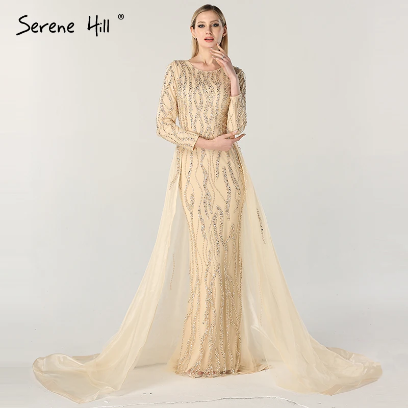 

Dubai Designer Luxury High-end Evening Dresses Nude Long Sleeves Beading Sequined Evening Gowns 2019 Serene Hill LA6302