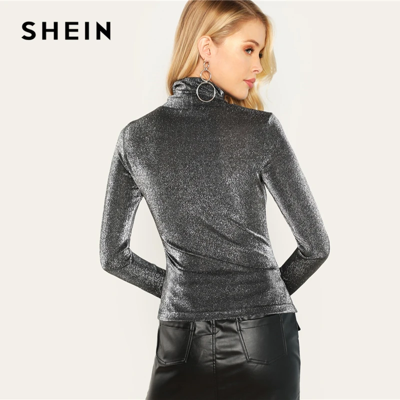 SHEIN, серебристая Блестящая футболка с высоким воротом, элегантная, цветная, облегающая, эластичная, топы, женская, осенняя, рабочая одежда с длинным рукавом, футболка