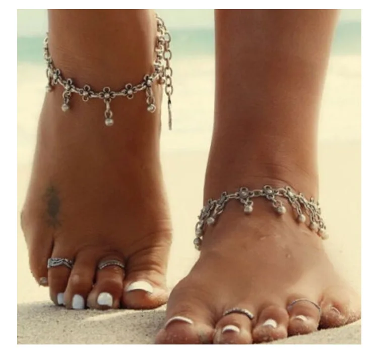 Винтаж цветок шармы бусины Подвески кисточкой ретро серебро anklets Для женщин