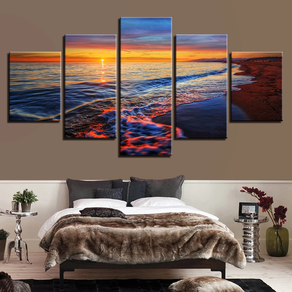 

Canvas Wall Art Pictures Framework Home Decor 5 Pieces Sunset Sea Waves Beach Seascape Paintings Living Room HD Prints Posters