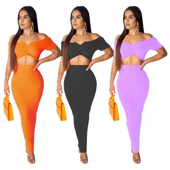 

Solid Short Slash Crop Top With Bodycon Skirt Sexy Rib Women Dress Suits 2019 Summer Women Tow Piece Suits