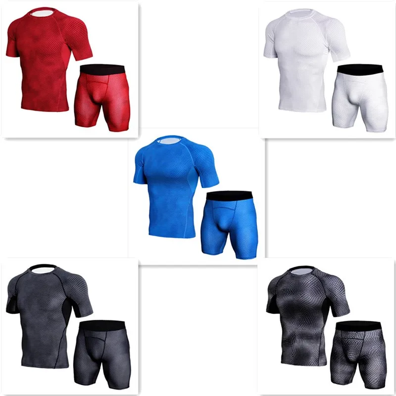 

Summer Men Sportswear Tracksuit Elastic Compression Leggings Short Sleeve Sweat Shirt Running Jogger Fitness Gym Workout Clothes