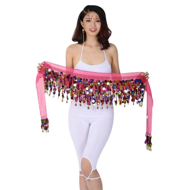 

Women Belly Dance Hip Chiffon Skirt Scarf Wrap Belt With Golden Coins Sequins Dancing Accessories