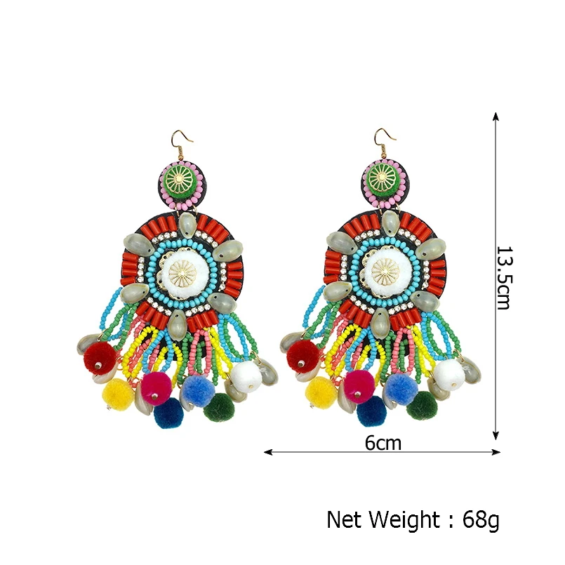 MANILAI Multicolor Pom Pom Beaded Tassel Earrings Boho Jewelry Ethnic Statement Dangle Drop Earrings With Shell Big Pendientes