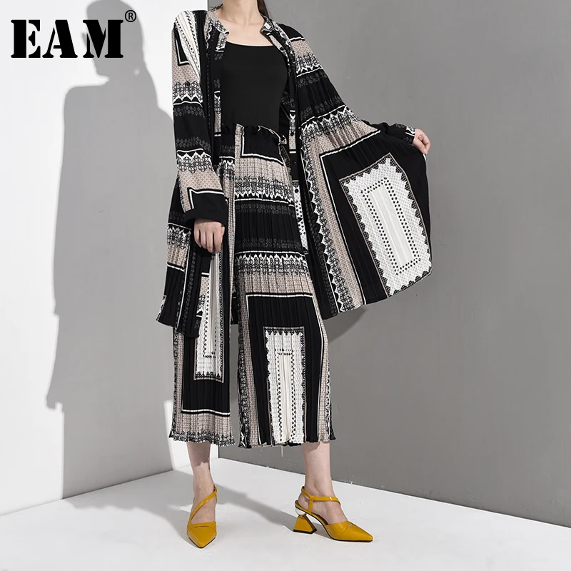 

[EAM] 2019 New Autumn Winter V-Neck Long Sleeve Black Pattern Printed Loose Wide Leg Pants Two Piece Suit Women Fashion AE9990