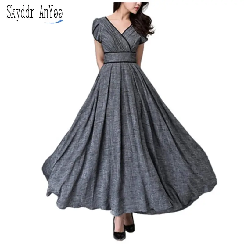 

Plus Size Vintage Women's Bow Dresses Solid Color V-Neck Short Sleeve Ankle-Lenght Female Elegant Dress Loose Casual Maxi Dress