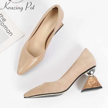 

Krazing Pot 2020 new arrival cow leather sheep suede strange high heels gladiator European design modern show girls pumps L6f1