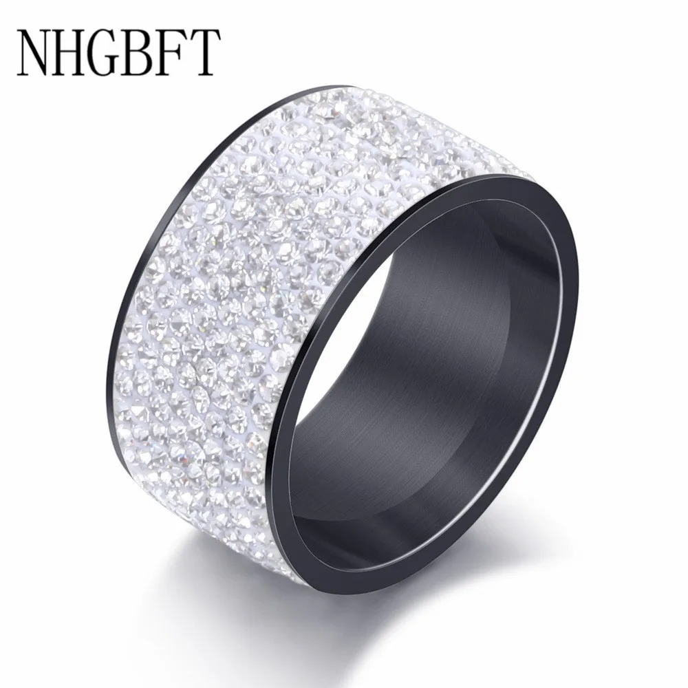 

NHGBFT 12MM Wide Women White Crystal CZ rings Gold/Black Color Stainless steel ring Wedding jewelry Dropshipping