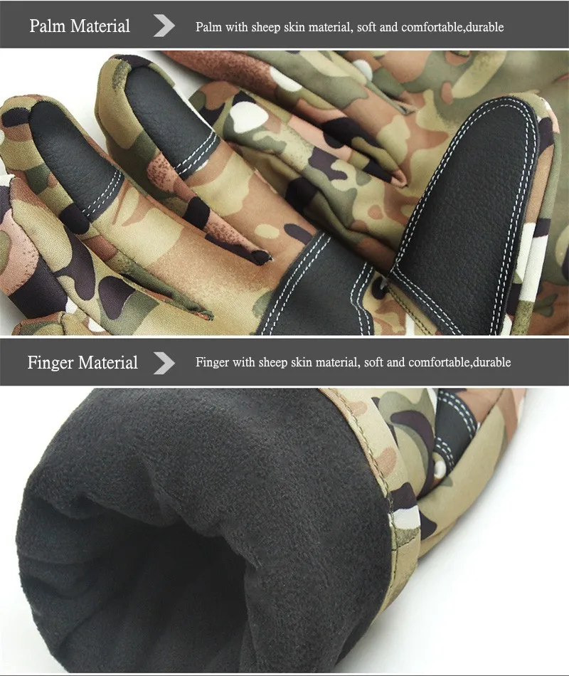 Winter Tactical Gloves Camouflage Genuine Leather Thicker Sports Combat Gear Glove Thick Full Finger Military Glove Waterproof