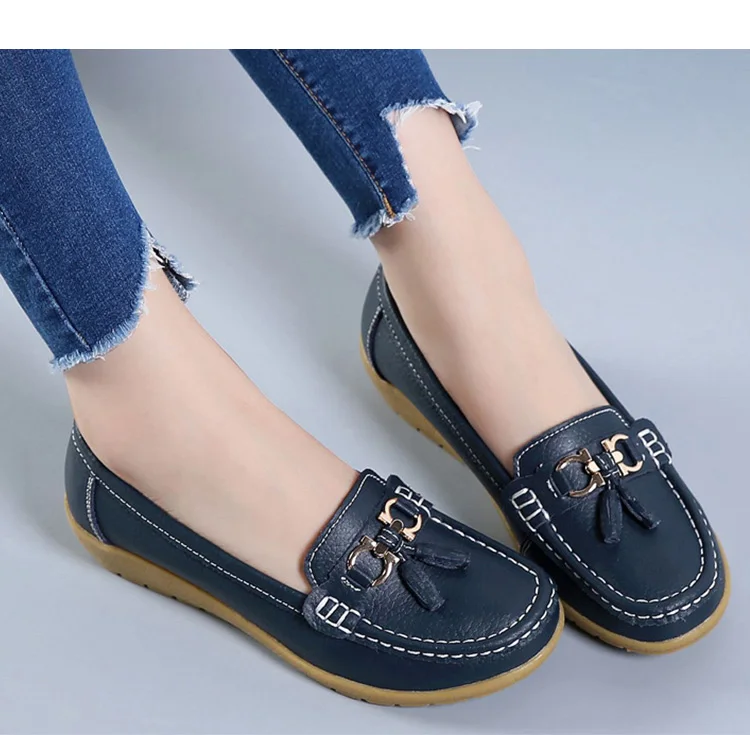 Fashion Shoes Women Genuine Leather Shoes Woman Fashion Casual Wedge Loafers Shoes Slip-on Round Toe Shoe For Women Mocasin