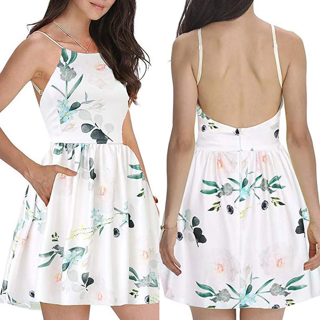 

2019 New Arrival Print Sleeveless Summer Fashion Women Spaghetti Strap Floral Print Beach Style Skater A Line Mini Dress