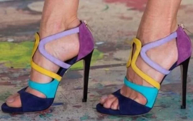 

Drop Shipping 2019 New Brand Woman Summer Colorful Blue Yellow Purple Open Toe Zip Back Cuts Out Thin Heel Sandals Big Size Lady