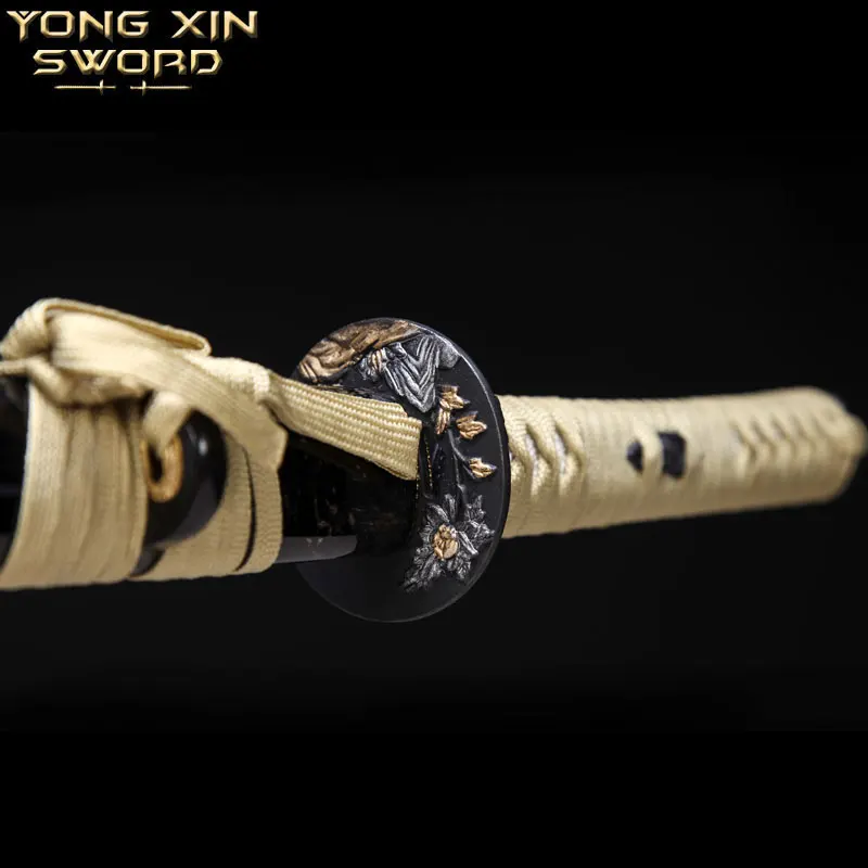 Full Handmade yellow Japanese Samurai Sword Katana Damascus Folded Steel Blade Practical Sharp Gift