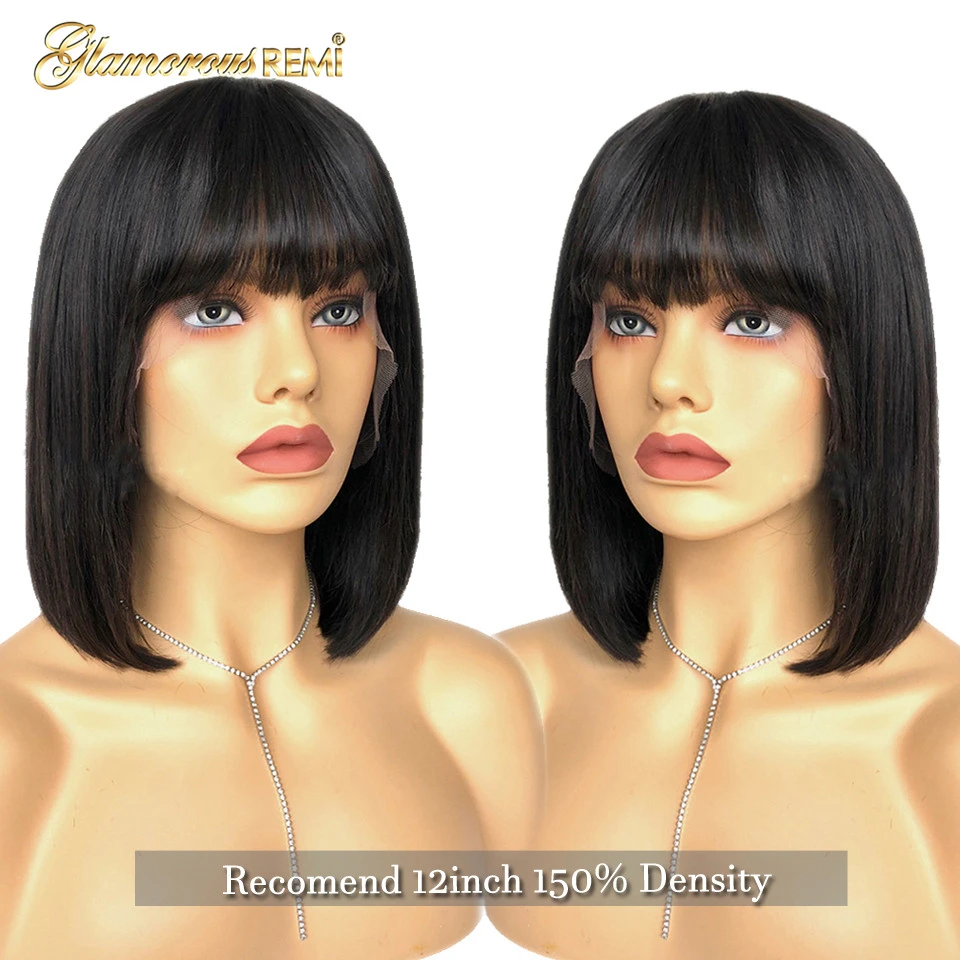 Online Peluca brasileña de Bob corto con flequillo en pelucas de cabello humano 13*6 peluca profunda de pelo humano de flequillo recto de encaje para las mujeres