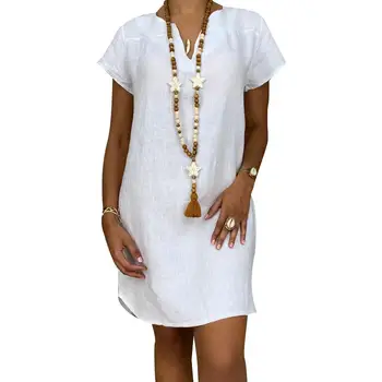 

Fashion Summer Beach Party Female Dresses Casual Solid Color V Neck Short Sleeve Women Loose Linen Boho Mini Dress Vestidos bri