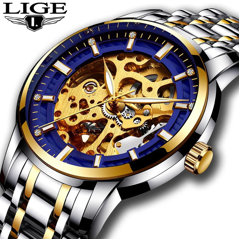 

Watch men full steel Skeleton Automatic mechanical watch luxury brand LIGE waterproof business wristwatch relogio masculino