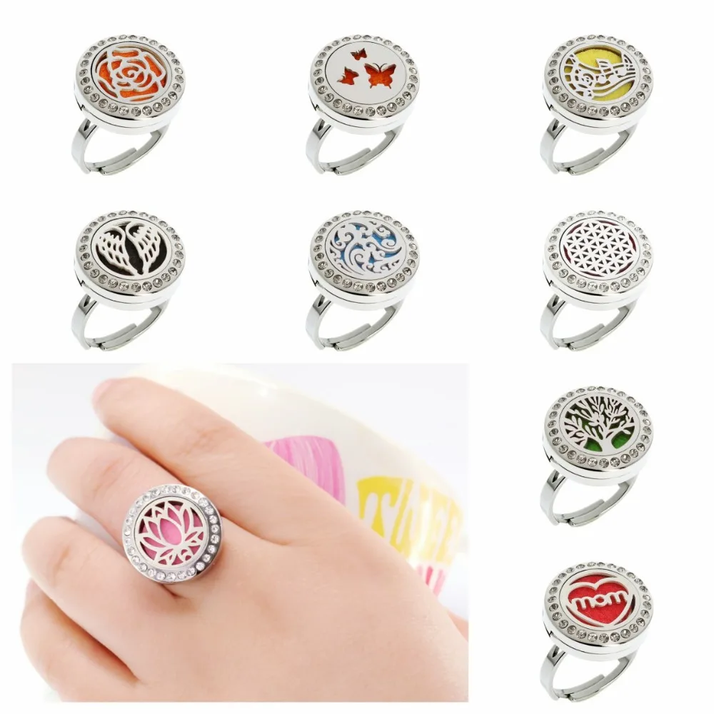 

Hot Bling Lotus Diffuser Locket Crystal Ring 316 L Stainless Steel Locket Essential Oil Ring size adjustable 20mm 10 pads