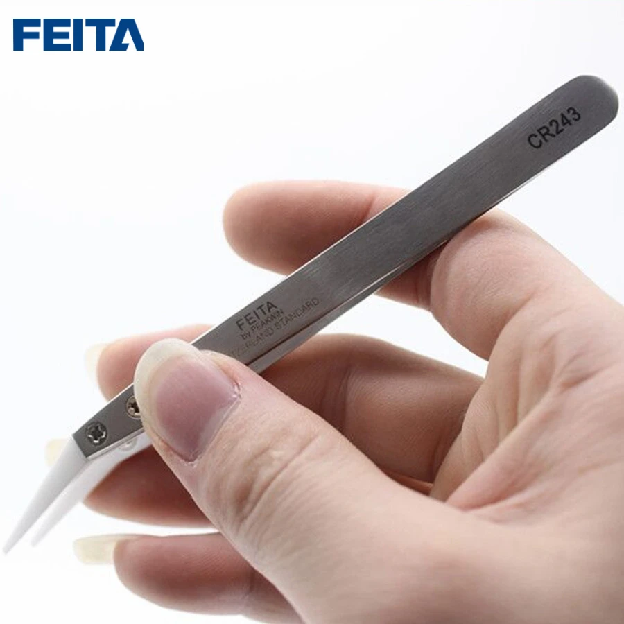 

FEITA CR243 Bending Type Zirconia Ceramic Tip Stainless Steel Tweezers High Temperature Resistance Hand Tools for E-Cigarette