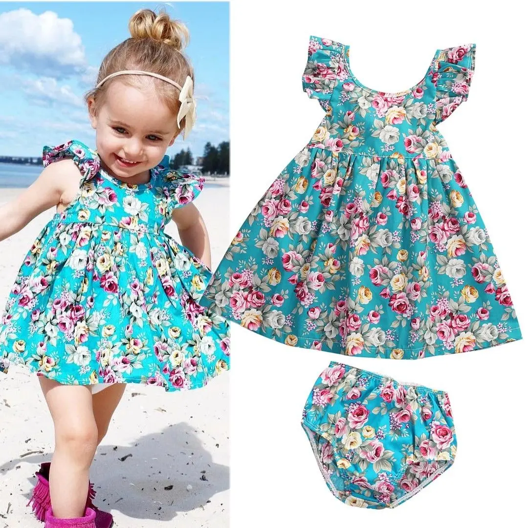 

2Pcs Toddler Infant Baby Girl Summer Ruffle Floral Sundress Dress With Pantly Briefs Outfits Set 0-24M