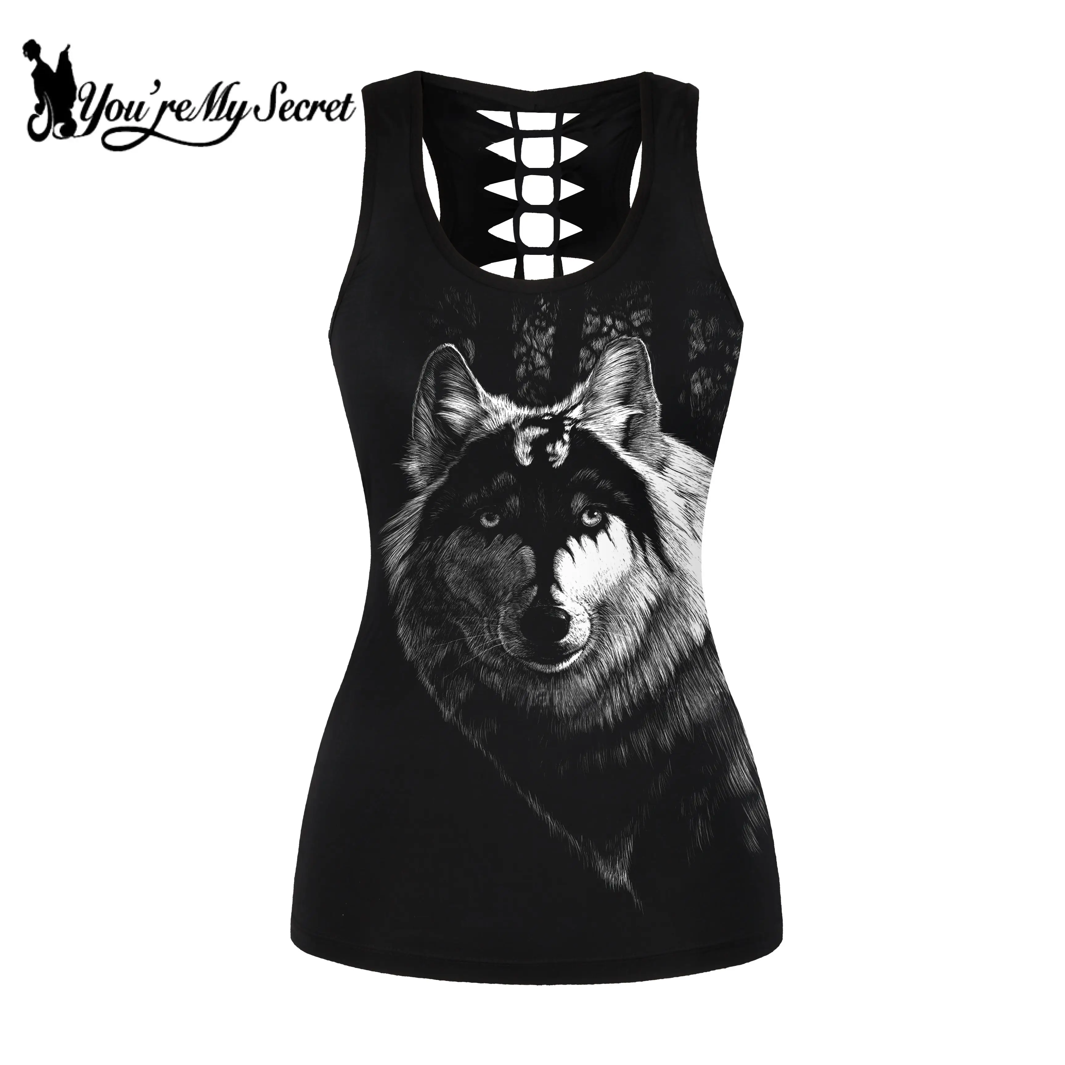 

[You're My Secret] Summer Tank Top For Women Wolf Print Punk Backless Fitness Top Black Hollow Top Elastic Sexy Vest Clothing